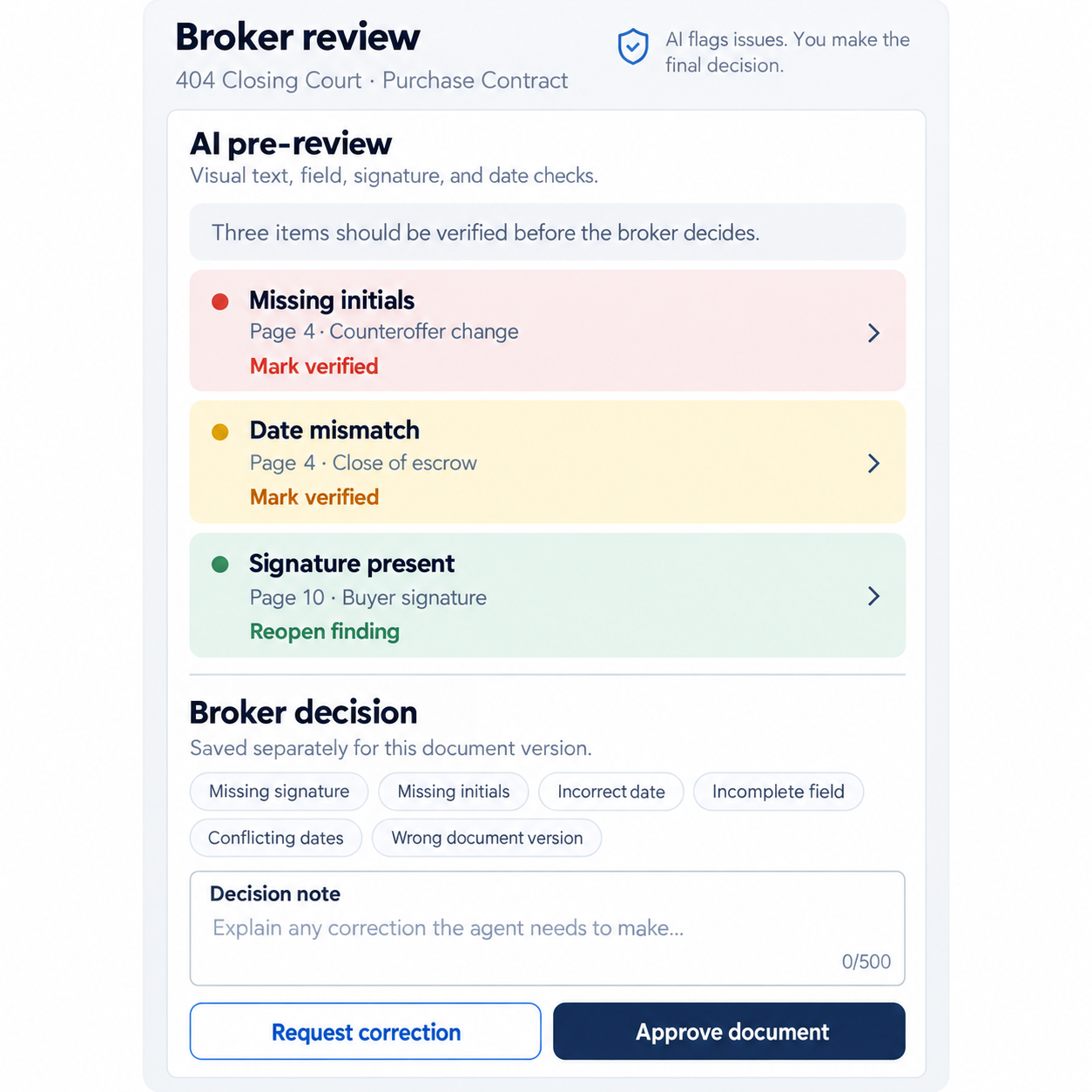 Nextora AI broker review showing missing initials, a date mismatch, and signature verification
