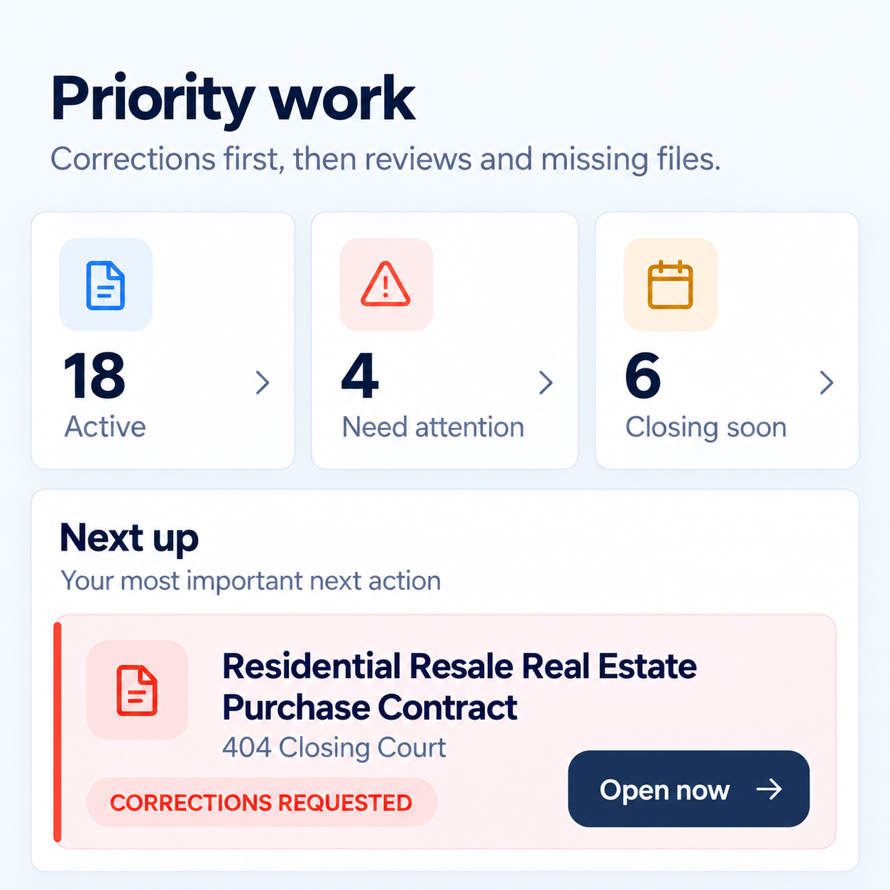 Nextora overview prioritizing corrections, reviews, required documents, and deadlines