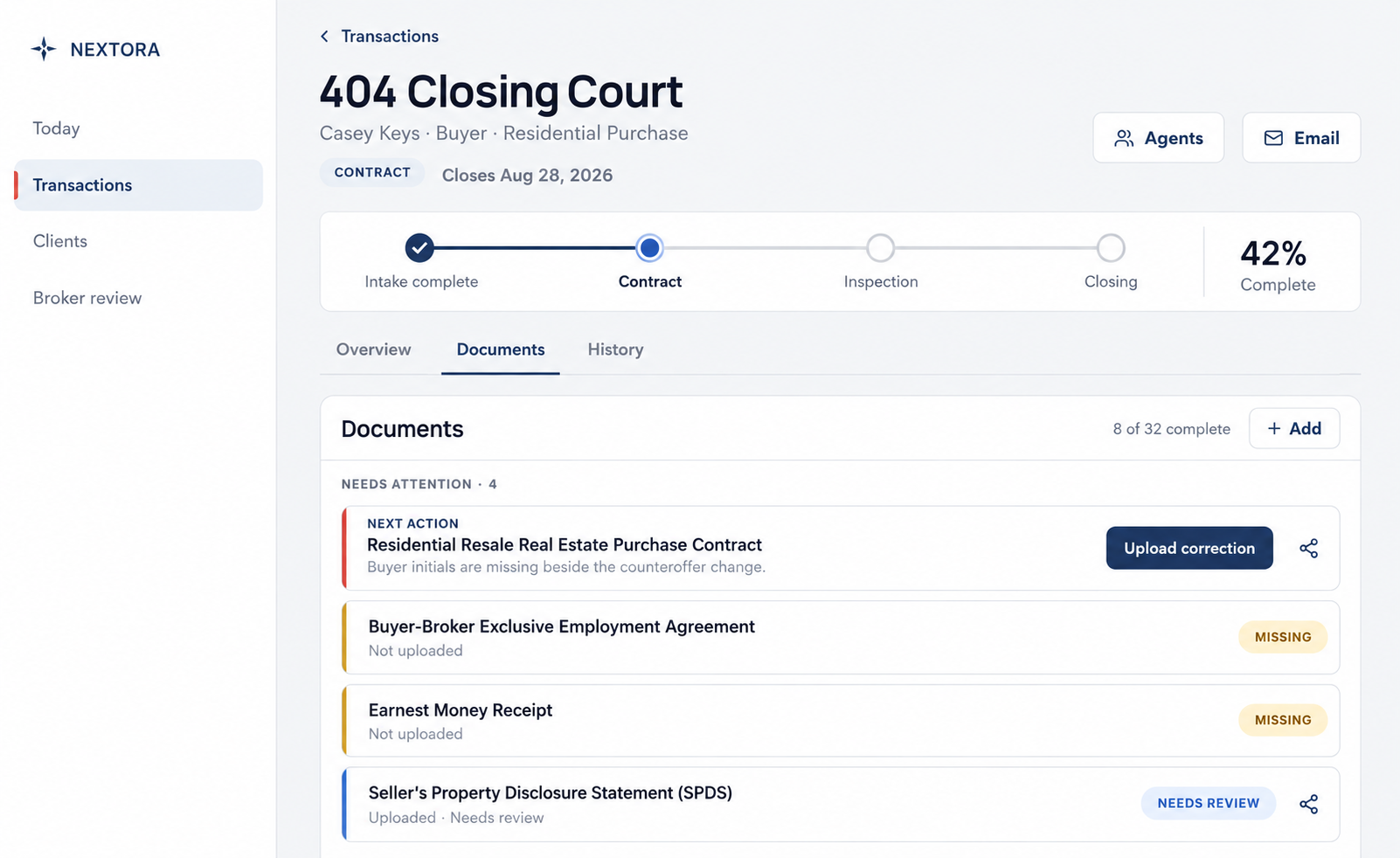 Nextora transaction progress, documents, and next required action