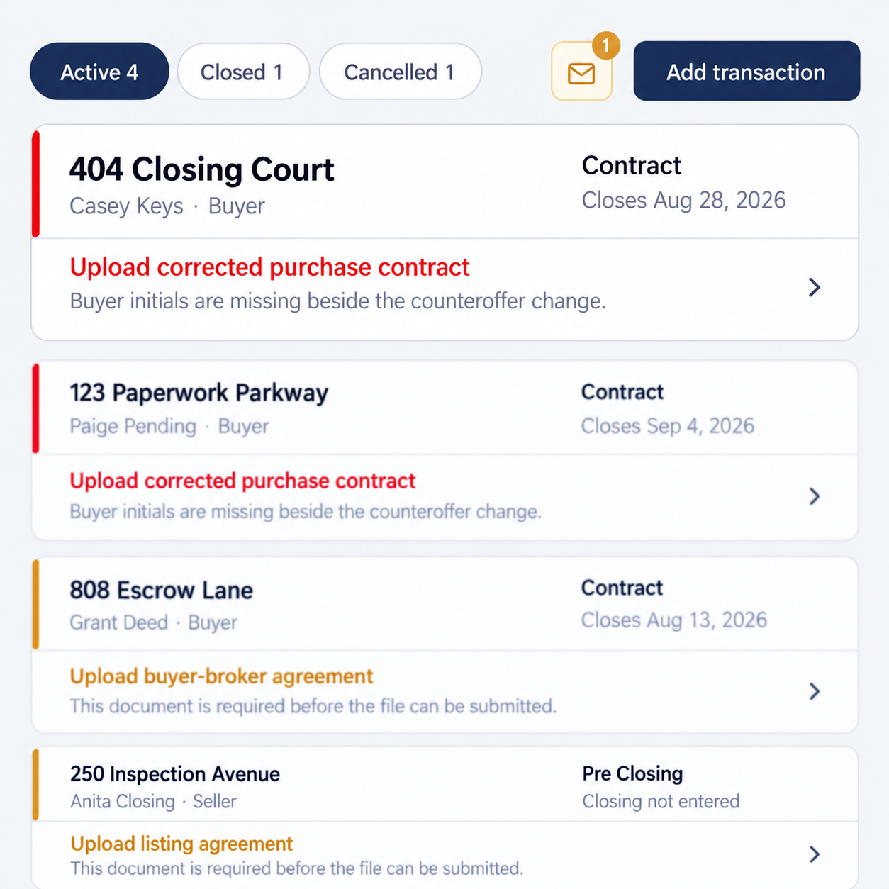 Nextora transaction queue with documents matched to the right files